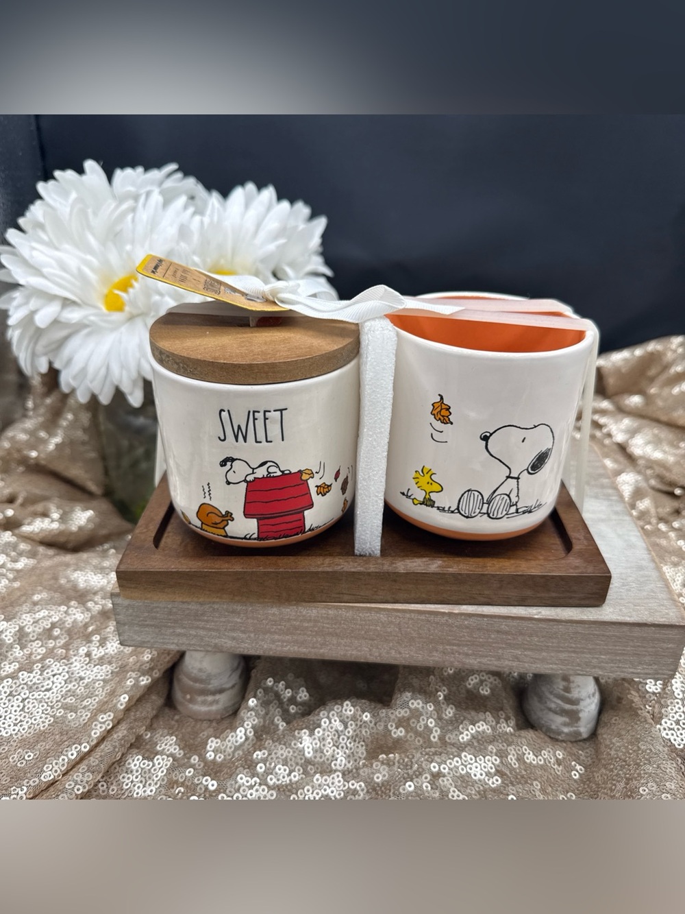 Rae Dunn Peanuts Snoopy Ceramic Sugar Jar and Mug Set - White & Orange